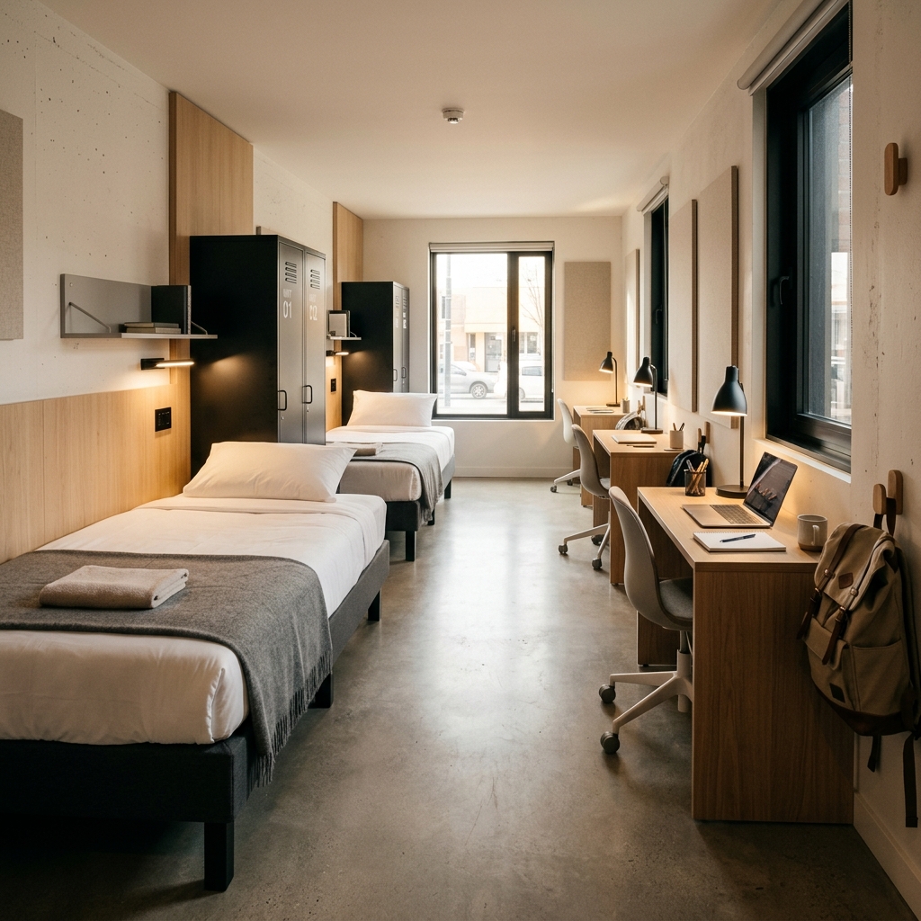 NSA modern clean student hostel dorm quarters with study desks